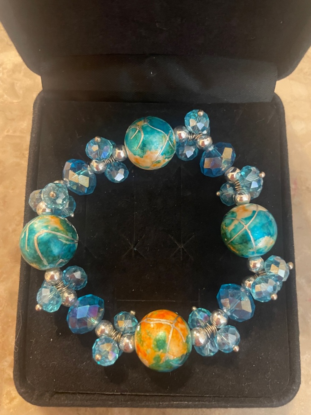 Turquoise and Blue Beaded Stretch Bracelet